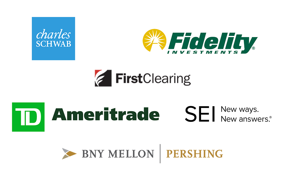 Custodian Logos: Charles Schwab, Fidelity Investments, First Clearing, TD Ameritrade, SEI, and BNY Mellon Pershing
