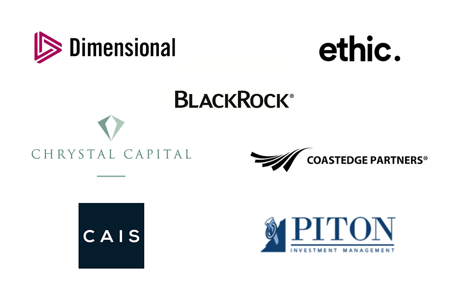 Partnership Logos: Dimensional, Ethic, Black Rock, Chrystal Capital, Coast edge partners, C.A.I.S, ad Piton Investment Management
